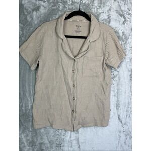 Born Womens Small Tan Double Gauze Cotton Short Sleeve Button Down Shirt‎ Top